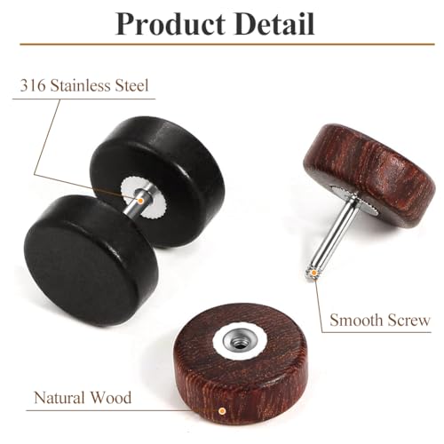 Heren Stud oorbellen, 3 paar houten Stud oorbellen, Ronde Gaten Set, Roestvrij staal, Oorbellen, Naalden, Fake Studs, Oorbellen voor mannen en jongens, 10mm, Hout, Hout 3
