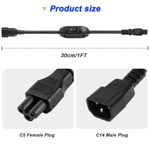 Voedingsadapterkabel IEC 320 C14 stekker naar C5 stopcontact met aan/uit schakelaar (2 packs, 1 ft/30 cm) 3