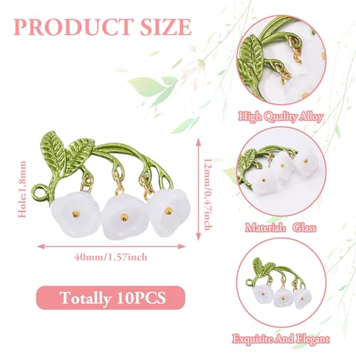 10 st. Lily van de vallei glazen connector charmes met groen legering blad wit bloem bengelen charms klokken bloem voor DIY ketting oorbellen sieraden maken, Glas, Glas 4