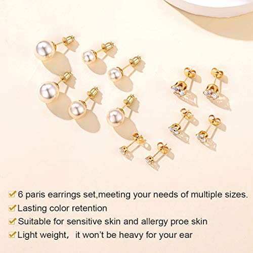 Sieraden roestvrij stalen oorbellen Studs Pack voor mannen Vrouwen, Eenvoudige Solid Geometrische oorbellen Sets, Goud/Zwart/Parel/CZ Kartel Tragus Oorbellen sieraden met geschenkdoos, Roestvrij stalen parel Cubic Zirconia 3