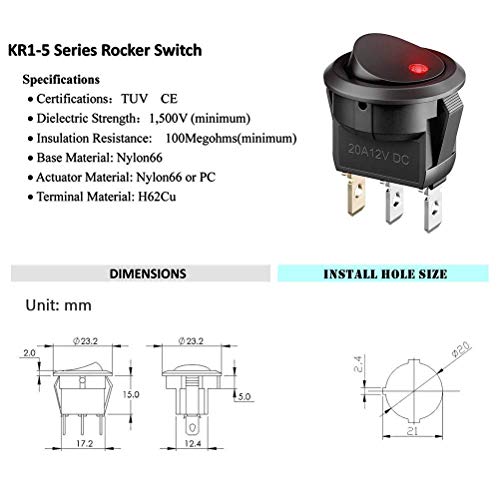 Schakelschakelaar, 12V 20A/24V 10A LED Rocker Switch (met 16AWG Wire) SPST Aan/uit voor auto, vrachtwagen, offroad, boot, marine (5 sets) (Geel)
