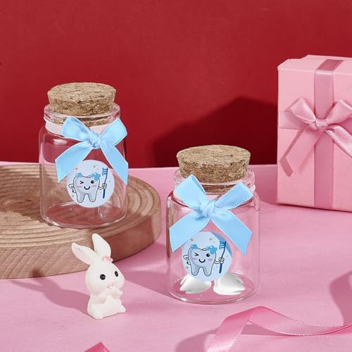 2 stuks glazen flessen voor tandopslag, 4,5 x 7 cm glazen flessen met Cork Glas Dental Keepsake met Blue Bow Tie en Tanden Stickers voor het houden van geheugen 4