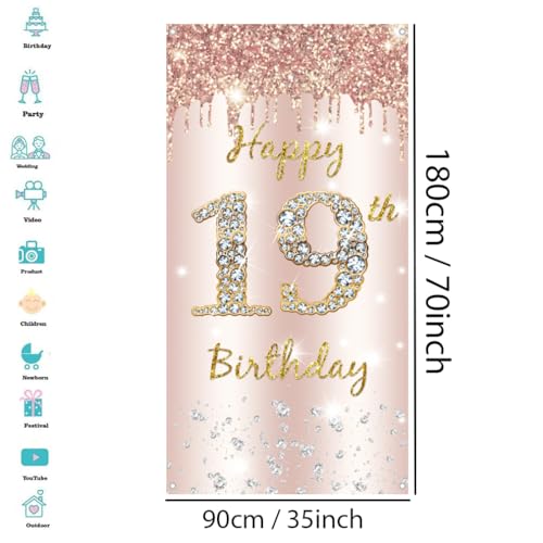 19e verjaardag meisje decoratie, deur decoratie rozengoud, stof tekenen 19e verjaardag door hangen poster, 19e verjaardag achtergrond Banner Party welkom tekenen