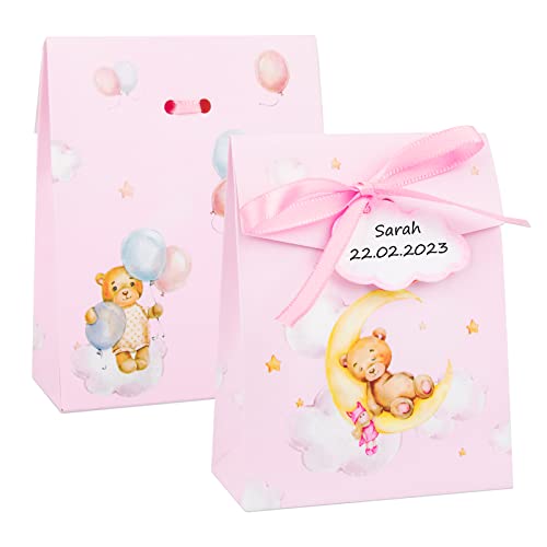 Verpakking van 50 8 x 4 x 10 cm roze schattige beer papieren dozen met geschenk tags en linten, snoep dozen voor doop, bruiloft, verjaardag, baby douche etc