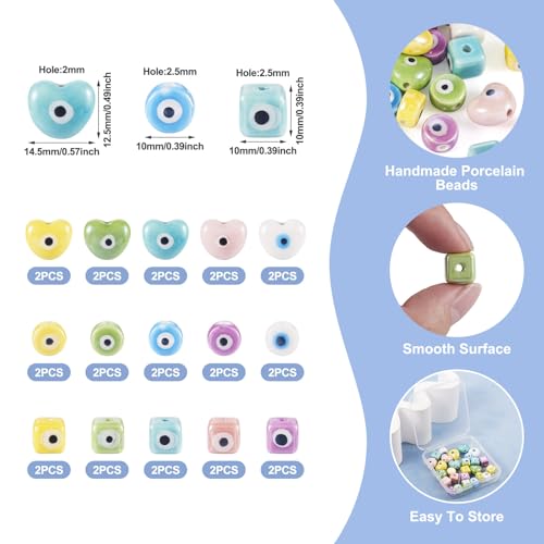 Evil Eye Porselein kralen Kubus Hart Handgemaakt Porselein kralen Flat Ronde Evil Eye Spacer Kralen voor BIY armband ambachten sieraden maken, 30 st 4
