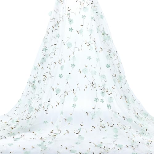 6 Yards Geborduurde Bloemen Stof, 1.3m Brede Mesh Geborduurde Kant Trim Vezel Borduren Tule Stof Zachte Mesh Kant Materiaal voor Dress DIY Crafts Gordijn Home Vintage Decor, Licht Groen 5
