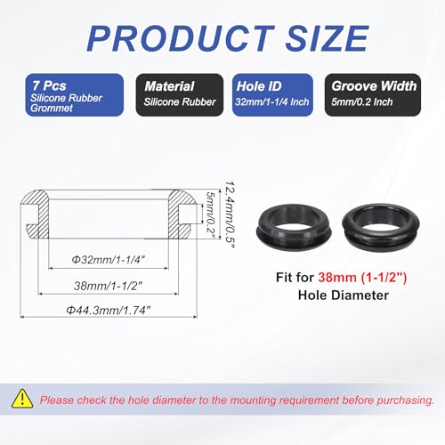Siliconen rubberen ringen, 7 stuks 1-1/2 inch (38mm) Boorgat, 1-1/4 inch (32mm) Binnendiameter. Top Hat Wire Seal Rubber Stops voor bedrading bedrading systeem firewall, zwart