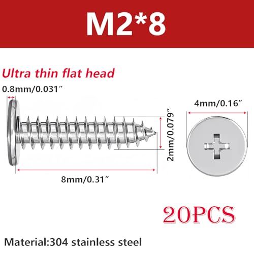 20 st. Dun zelftappende platte kopschroeven, M2 x 8mm, Phillips Schroeven, Roestvrij staal, Volledige draad