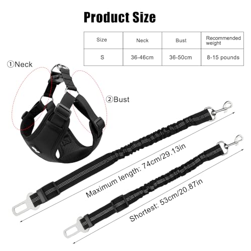 Hondentuig met veiligheidsgordel voor auto, zacht ademend mes, honden veiligheidsgordel voor auto, verstelbare elastische band, autostoelgordel honden, 53-74 cm, voor autostoel bevestiging (zwart, S