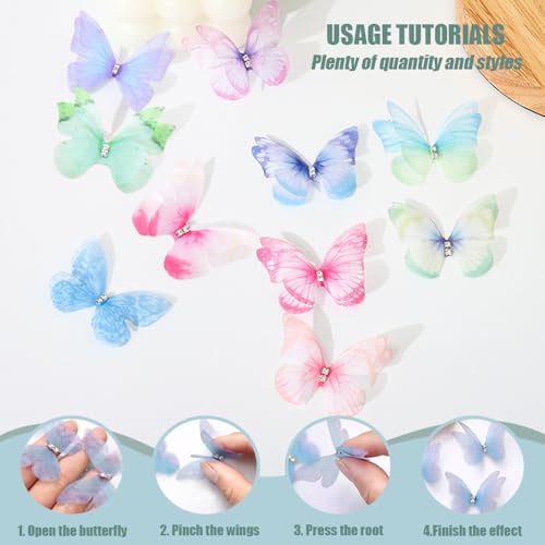 100 stuks Kleurrijke stof Vlinders voor ambachten, 3D Vlinder Appliques Wanddecoratie Accessoires 2 Lagen Mini Vlinder Toepassingen voor doe-het-zelf sieraden Scrapbooking Hair Clips (10 5
