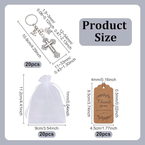 20 st. Heilige Kruishangers, Legering Sleutelhangers met Kruishanger voor Doop met 20 Papieren Kaarten en 20 Polyester Zakken voor Pasen Gebed