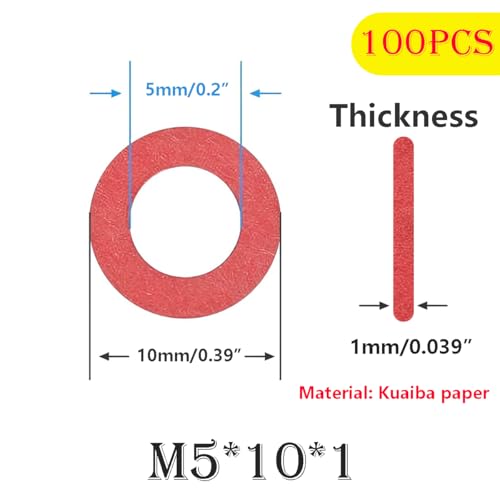 Verpakking van 100 Fiber Discs, M5 x 10 x 1mm Red Steel Fiber Washers, O Ring, Flat Fiber Washers