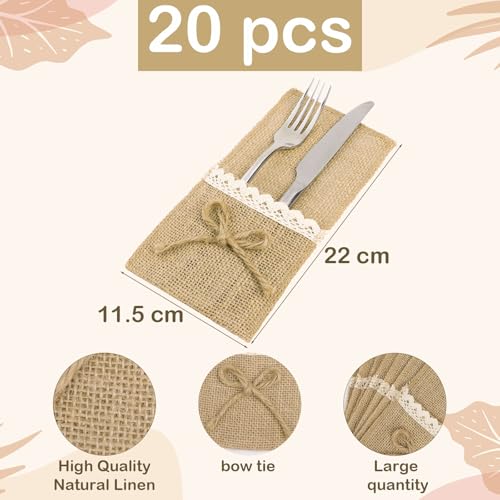 20 st. Natuurlijke Jute Utensil Houders (11 x 21 cm) Messen Vorken Burlap Bestek Bag Bestek houder Bag Jute White Lace Jute Hessian Rustic Land voor bruiloft Festival Evenement