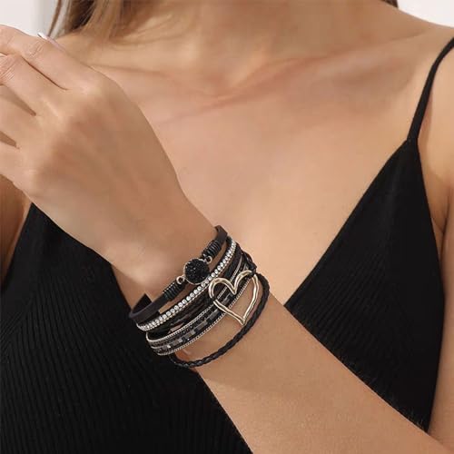 Dames lederen hart armband Multi-layer armband Vrouwen Boho Comfortabele Wrap Armband voor Vrouwen verjaardag Moederdag Thanksgiving Valentijnsdag Anniversary Christmas Leather, leer 5