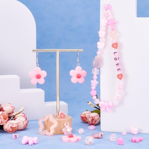 225 Stuks verschillende acryl kralen en bedels sieraden maken Kits Kubus brief kralen bloem vlinder kruis Bow Spacer kralen Bulk voor DIY armband sieraden maken, Roze