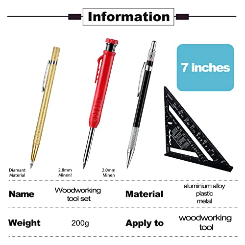 Multifunctionele Carpenter Hoek, 180mm, Carpenter Hoek, Protractor, Stop Hoek met Deep Hole Mark, Potlood Refills, Grain Tools, Metaal Potlood