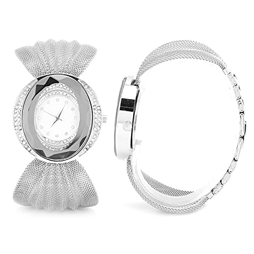 Modieuze dames horloge met brede mesh band, dames mode horloge analoge quartz horloges dames casual polshorloge roestvrij staal mesband, Quartz glanzende elegante polshorloge voor vrouwen(zilver)