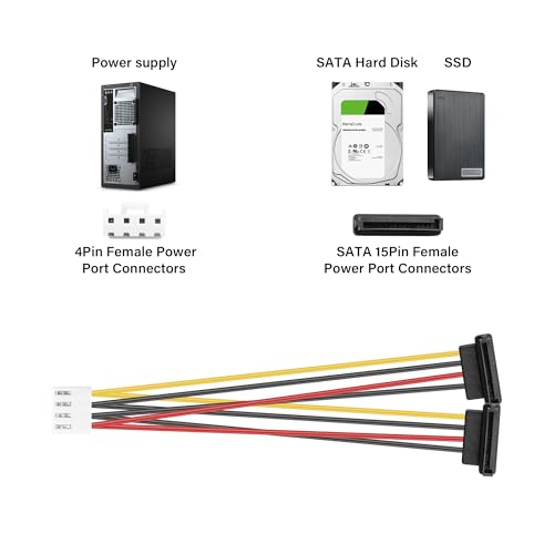 4-Pin to 15-Pin SATA Power Adapter Cable, 18AWG VH3.96, 4-Pin Bus to 90° Dual Y-Type SATA Power Adapter Cable - (30cm + 20cm) 5