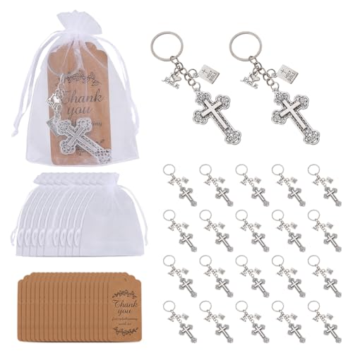 20 st. Heilige Kruishangers, Legering Sleutelhangers met Kruishanger voor Doop met 20 Papieren Kaarten en 20 Polyester Zakken voor Pasen Gebed