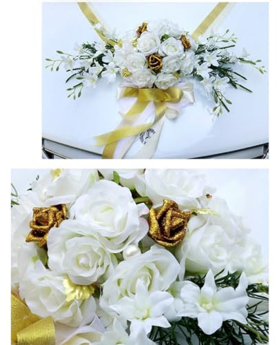 Auto juwelen, motorkap, bruiloft auto decoratie, rozen, bloemen, bruiloft decoratie, auto decoratie, bruiloft, auto, bloemenslinger, trouwauto, decoratie, bruiloft, auto, sieraden bloemenslinger, goud 4