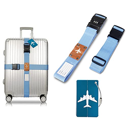 Eowppue Bagagegordel, gepersonaliseerde verstelbare bagageriemen met trunkhanger, bagageband met adresplaat, bagageveiligheid (2 stuks, Sky Blue)