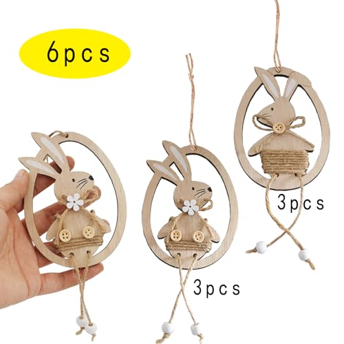 Houten konijn hanger, 6 stuks, paashaas hangen, decoratie, paassieraden gemaakt van hout, voor opknoping (Zuo)