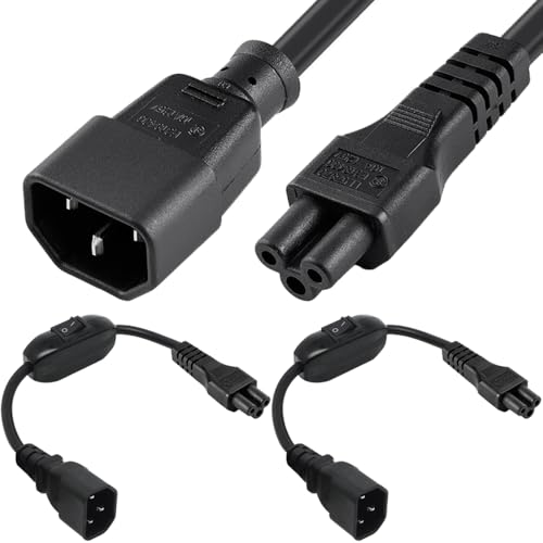 Voedingsadapterkabel IEC 320 C14 stekker naar C5 stopcontact met aan/uit schakelaar (2 packs, 1 ft/30 cm)