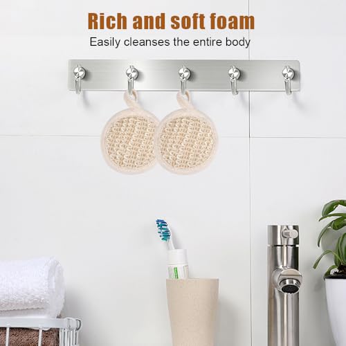 4 Stuks Natuurlijke Luffa-spons 8 x 8 Cm Loofah Lichaamsborstel, Herbruisbaar Peelingspons met Elastische Band, Ronde Loofah Spons Pad Natuurlijke Lufah Spons voor Mannen Vrouwen Douche Beige 5