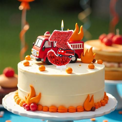 Verjaardagskaars figuur, rode pailletten Brandweerwagen Gefeliciteerd. Candle Cake Topper Cijfers voor jongens meisjes brandweerman mijl verjaardagen anniversaries brandweer thema feest (3) 5