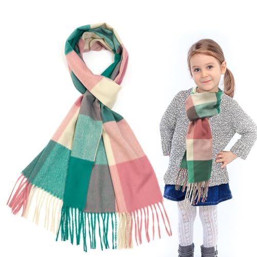 Meisjes Tartan Sjaal, Soft Cashmere Plaid Sjaal Wraps Sjaal Winter Long Sjaal voor meisjes Kids Neck Warmer, Roze Groen, 190×31cm/74.8×31cm, Roze Groen