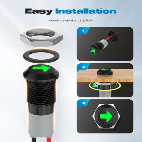 1st 12V/24V Ronde metalen waterdichte signaallamp, LED-indicatorlamp, 12mm Plate Mount DC LED-indicatorlamp, waarschuwingslamp, indicatorlamp met 26 AWG 150mm-kabel 5
