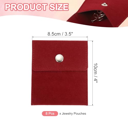 3,5 x 4 inch sieraden zakje, 8 stuks fluweel zakjes Snap knoop draagbare opslagzak voor oorbellen armbanden ketting ringen horloge, rood