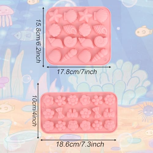 4 Stampi per Fondente a Tema Marino, 2 Misure Blue and Pink Stampi in Silicone a Forma di Conchiglia Stella Marina Accessorio per la Cottura fai da te di Cioccolato Caramelle Argilla