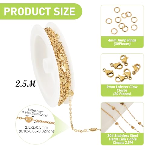 2,5M Rvs Hart Link Kabel Kettingen 2,5x2x0,5mm Gouden Metalen Ovale Link Chain met Jump Rings Klauw Sluitingen voor DIY Armband Ketting Sieraden Maken 5