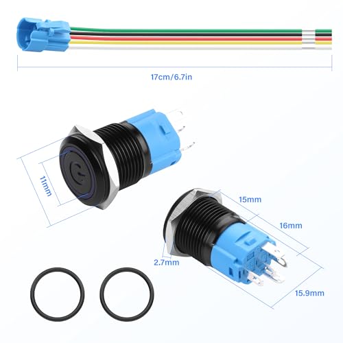 IP67 Waterdichte metalen drukknop - 9-24V 5A Blauw LED-autoontstekingsschakelaar met roestvrijstalen behuizing en voorbekabelde Plug Socket (2-pack)