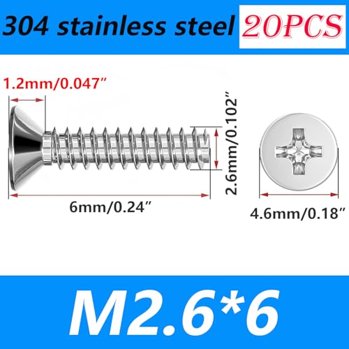 20 st. 304 Stainless Steel Phillips Platkop, Machine Schroeven, M2.6x6mm Bevestigingsschroeven voor doe-het-zelf Carpenters, Meubilair
