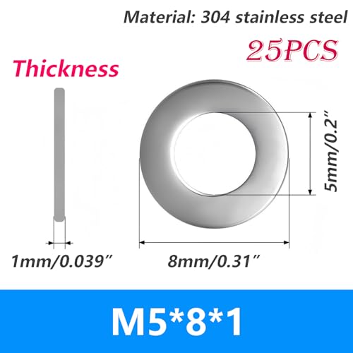 Verpakking van 25 Roestvrij stalen ringen M5 x 8 mm Wassers Flat Wassers voor Schroeven, Noten en draadstangen