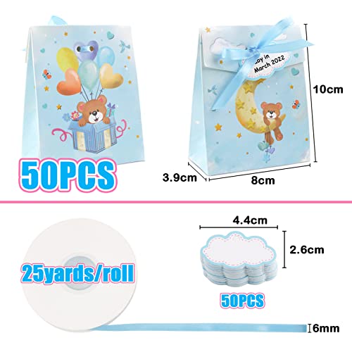 50 st. Baby douche Feestcadeautassen Schattig cartoon beer chocolade tasjes met tags en lint string voor bruiloft reizen thema feest bruids decoratie (blauw)