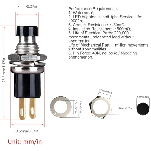 6 st 7mm Mini Zelfklevende drukschakelaar, AAN/UIT 2 Pin ronde duwknop voor autoboot Arduino DIY AC 250V/1,5A 125V/3A Miniknop (zwart) 3