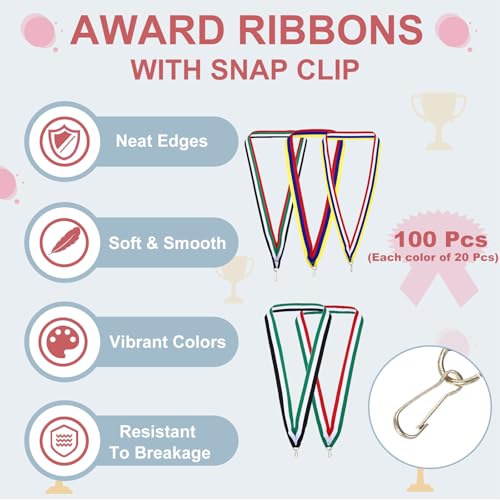 Award Neck Libbons met Click Clips, 100st Polyester Medal Lanyards Blanco Award Ribbon voor Competition Performance Party, 5 kleuren 3