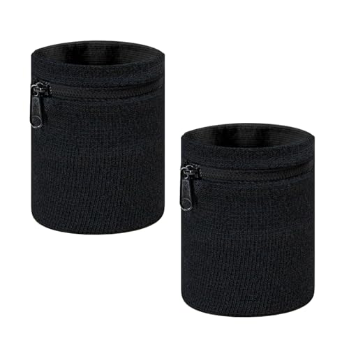 Verpakking van 2 Zwarte Polszak, Sport Polstas met Praktische Zip, Draagbare Nylon pols portemonnee, Unisex polsband, portemonnee, kleine items voor jogging en sport