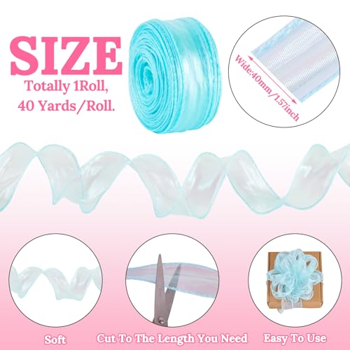 40m Polyester Lint 40mm Sparkling Sheer Chiffon Ribbon Glittering Organza Ribbon voor Bouquet Wrap Bows Kramen Decoratie DIY Crafts, Licht Sky Blue