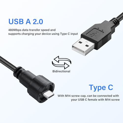 USB2.0 naar USB C Kabel USB C Man naar USB A 2.0 Man Tweeweg Transmissie Oplaadadapter met Threaded Vaste, 30cm/11.8in