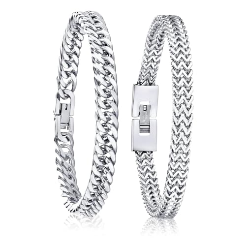 2 stuks roestvrij stalen armbanden voor mannen, zilver, stoeprand ketting, heren armband, zilveren armband mannen, paar armbanden jongens, zware schakel armbanden voor mannen, mannen armbanden voor vader, zoon