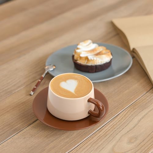 Koffie Beker 220 ml Set van Beker en Saucer, Koffie Bekers en Cappuccino, Middag Thee Beker, Ontbijt Bekers, Keramische, Espresso Bekers met Handvat voor Melk, Moka (Donker Bruin) 4