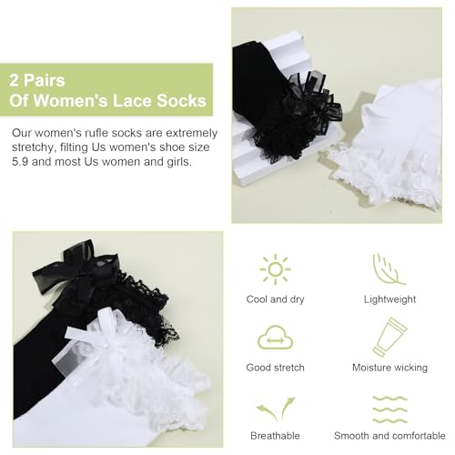 2 paar vrouwen ruches sokken wit en zwart Lace ruches enkelsokken katoen leuke prinses ruches sock voor meisjes peuter Frilly jurk 5