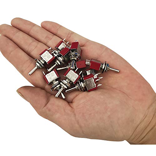 Mini-aanschakelschakelaar AC 125 V 6 A / 250 V 2 A SPDT ON-OFF-ON, 3 Pins, 3 Positions, Voor schepen en instrumentenbord, Rood, 10 stuks