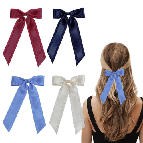 4 st. Ruffled Ribbon Bows voor Hair Clips met lange zijde Satijn Solide kleur Satijn Ruched Bow Clip Cute Ribbon Eenvoudige Hair Attachment Accessoires voor Hair Styling Vrouwen