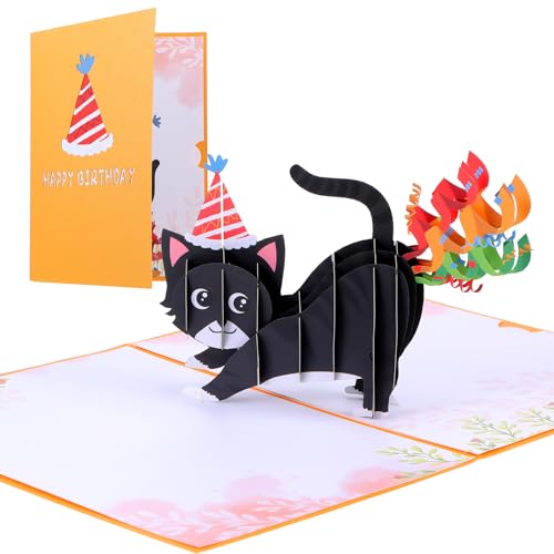 Pop-up kaart verjaardag, grappige 3D verjaardagskaart kat gelukkig verjaardag unieke en creatieve kaart kat pop-up kaart voor meisjes jongens kattenliefhebbers verjaardagskaart (Geel)