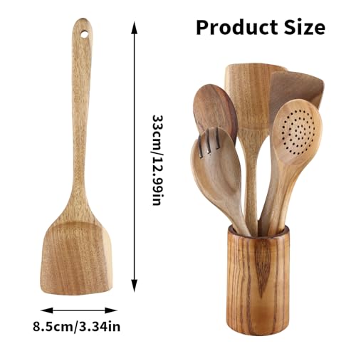 Houten keukenset, houten keukengerei voor koken, 6-Piece keukengerei met houder, houten spatula met gat, kooklepel, spatula, slaafvork voor beginners en kookliefhebbers 3